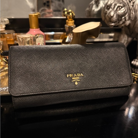 Prada Saffiano Leather Lux Metal Clutch with Chain Strap in Black - Picture 1 of 13